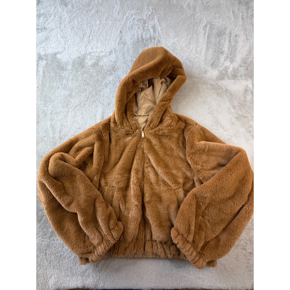 Unbranded Faux Fur Jacket Women Medium Brown Hooded Zip Up Teddy Bomber